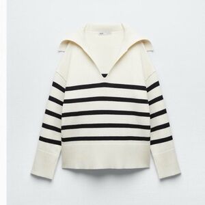Zara Striped Black and Cream Sweater V Neck